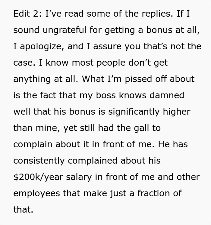 Tone-Deaf Boss Complains About His Holiday Bonus To An Employee Who Got 50 Times Less Tone-Deaf Boss Complains About His Holiday Bonus To An Employee Who Got 50 Times Less