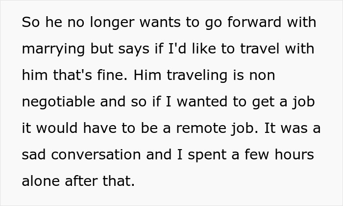Text excerpt discussing a relationship update after 30 years and four kids, involving marriage and travel decisions. Text excerpt discussing a relationship update after 30 years and four kids, involving marriage and travel decisions.