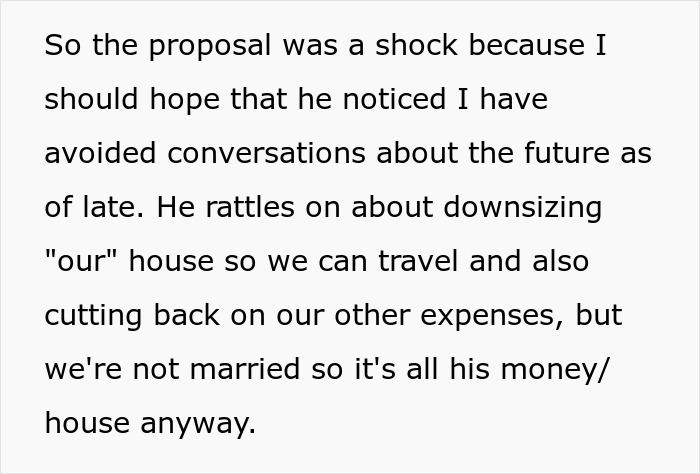 Text explaining a shock proposal after 30 years and 4 kids, with discussions on downsizing house and finances. Text explaining a shock proposal after 30 years and 4 kids, with discussions on downsizing house and finances.