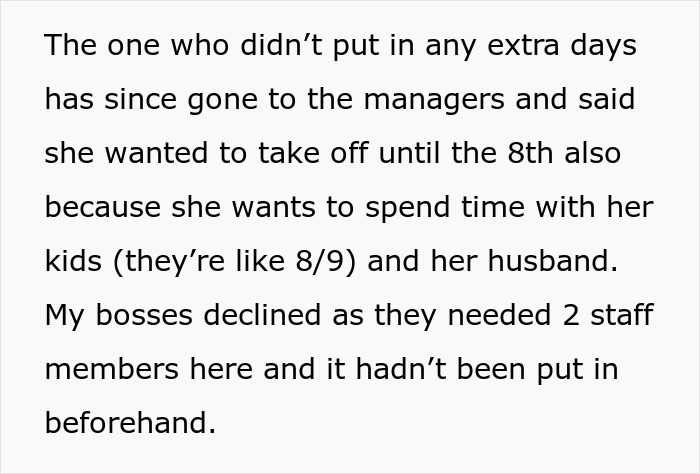 “She Lost It”: Person Refuses To Give Up Their Days Off Just Because They Don’t Have Kids “She Lost It”: Person Refuses To Give Up Their Days Off Just Because They Don’t Have Kids