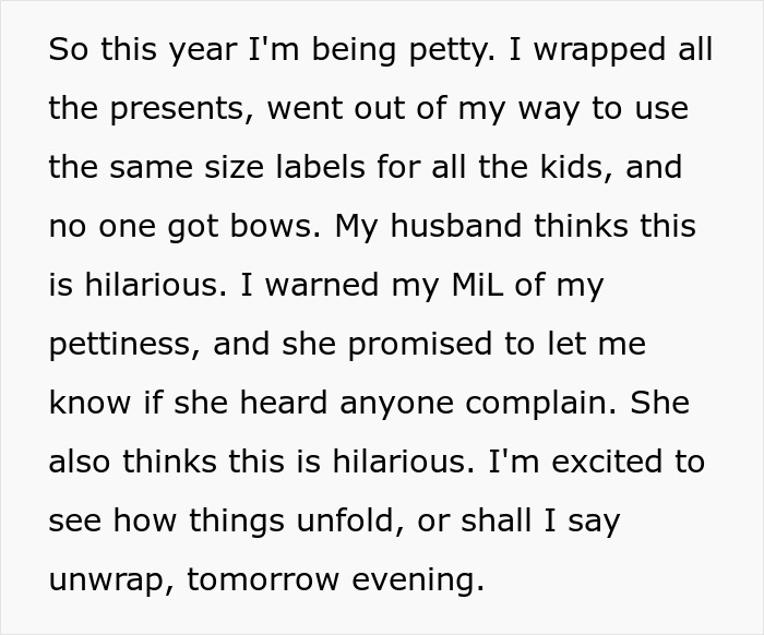“No One Gets Bows This Year”: Woman Takes Petty Revenge On Entitled SILs “No One Gets Bows This Year”: Woman Takes Petty Revenge On Entitled SILs