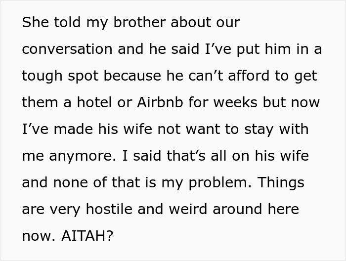 Woman welcomes brother’s family for a month, facing complaints from his wife and resulting family tension. Woman welcomes brother’s family for a month, facing complaints from his wife and resulting family tension.