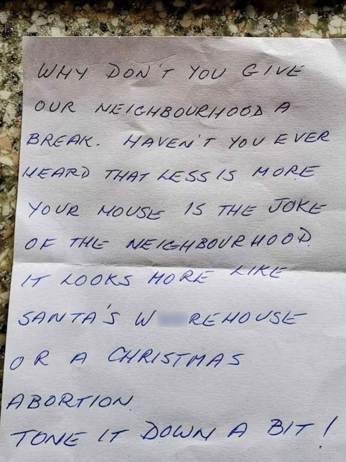 Woman Loses Her Son, Tries To Dull Her Pain With Christmas Decorations, Faces Neighbor's Petty Note