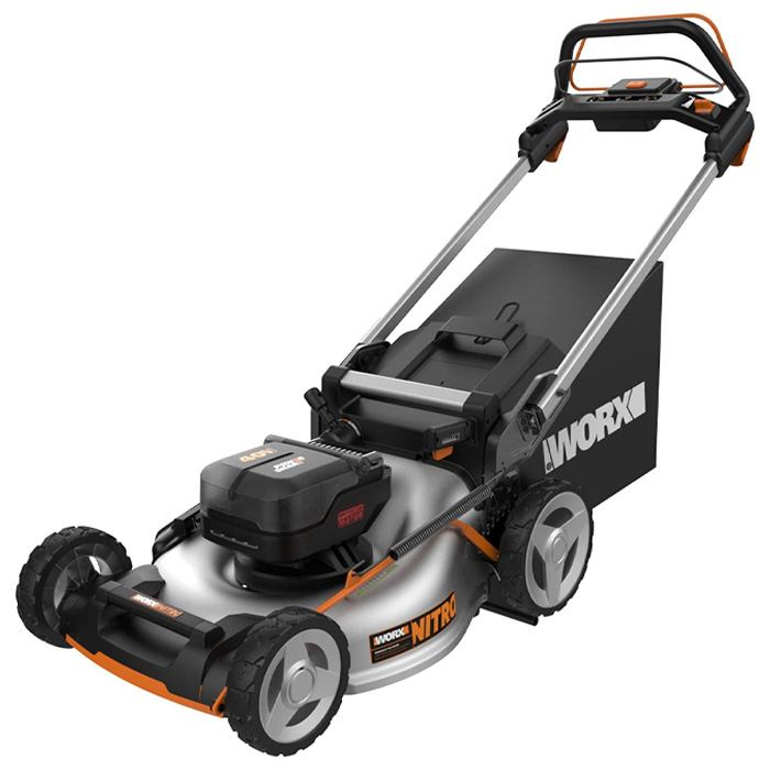 Orange, grey, and black lawn mower