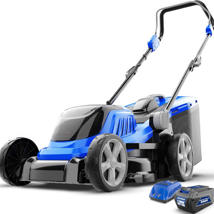 Blue and grey lawn mower