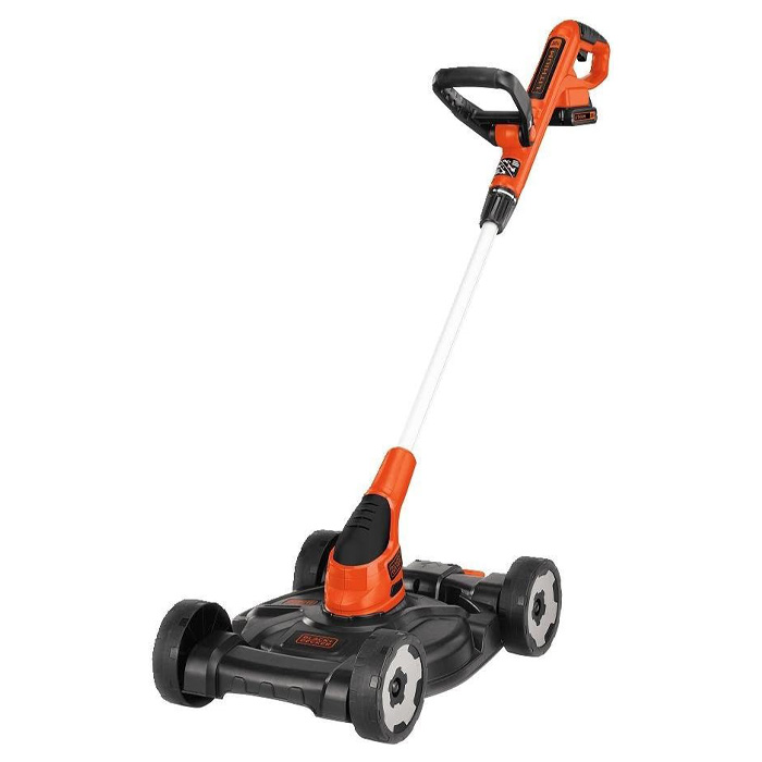 Black lawn mower with orange handle