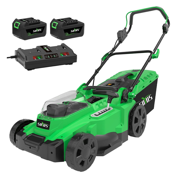Green electric lawn mower with black batteries