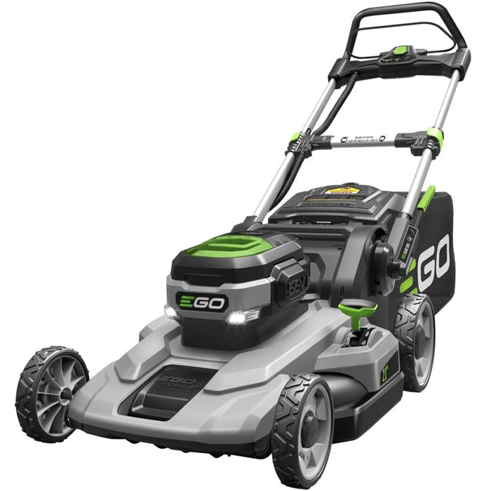 Grey and green lawn mower