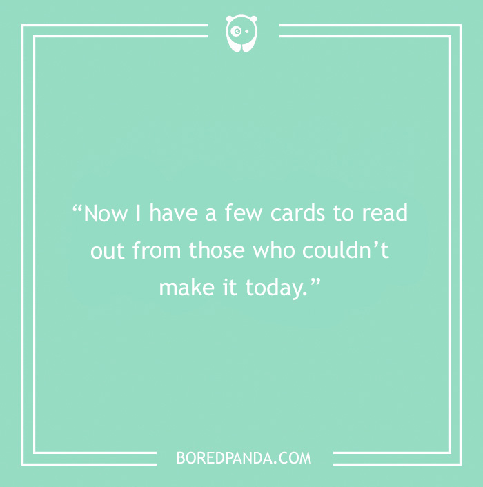 Alt text: A wedding joke about reading cards from guests who couldn’t attend, perfect for best man speech jokes.