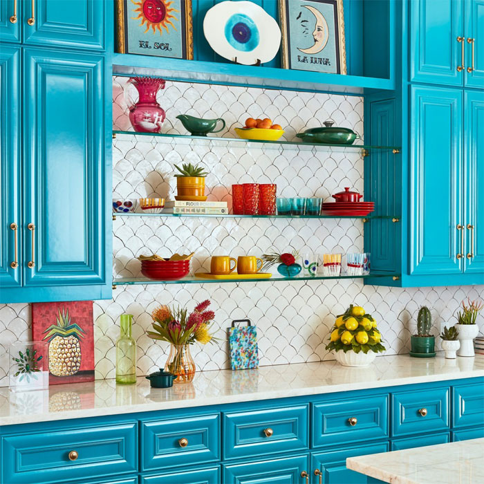 Blue kitchen cabinets with open shelves