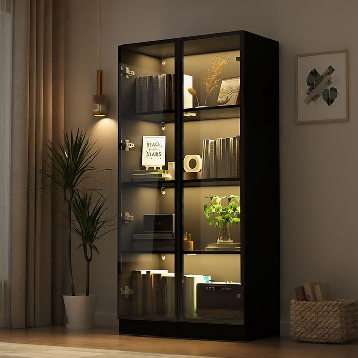 Black bookshelf with glass doors