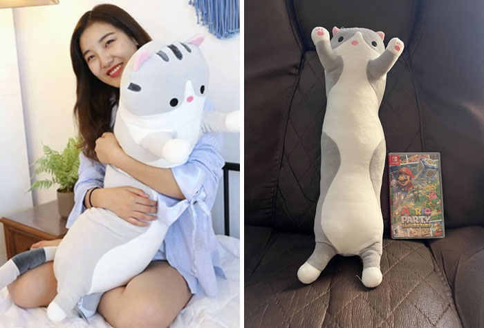 I Ordered This Long Cat Plushie For A Christmas Present Thinking It Was A Body Pillow Left, Only To Be Gifted With A Claw Machine Prize Right (Mario Party For Scale)