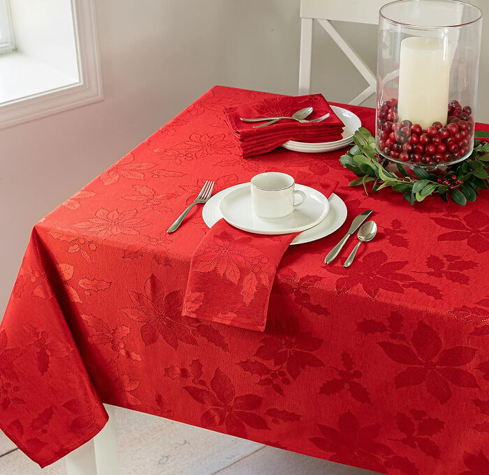 red christmas-patterned tablecloths on the table