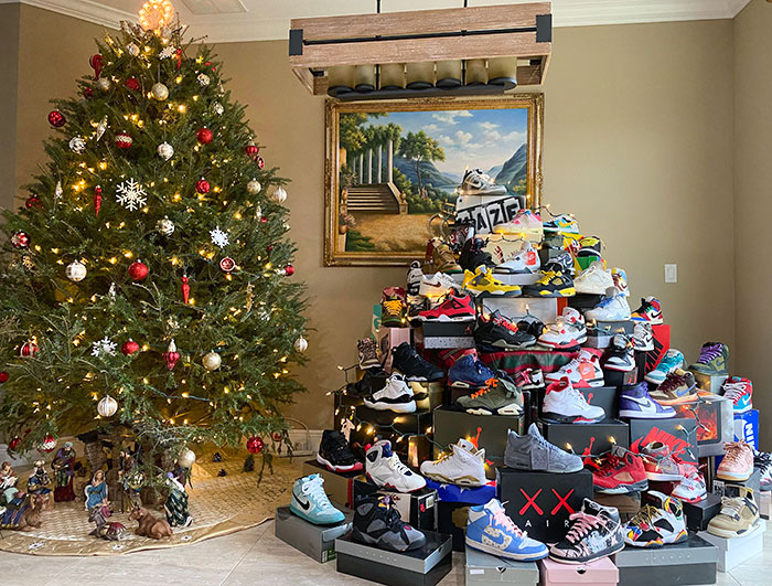 I Used Some Of Our Shoes To Make A Small Sneaker Tree Next To Our Real Christmas Tree
