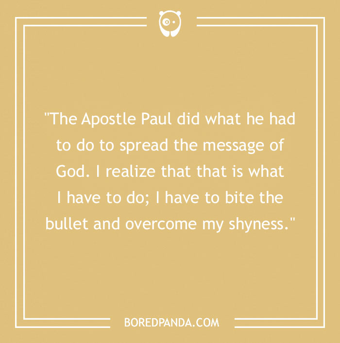 Inspirational quote about overcoming shyness on a yellow background with a decorative border.