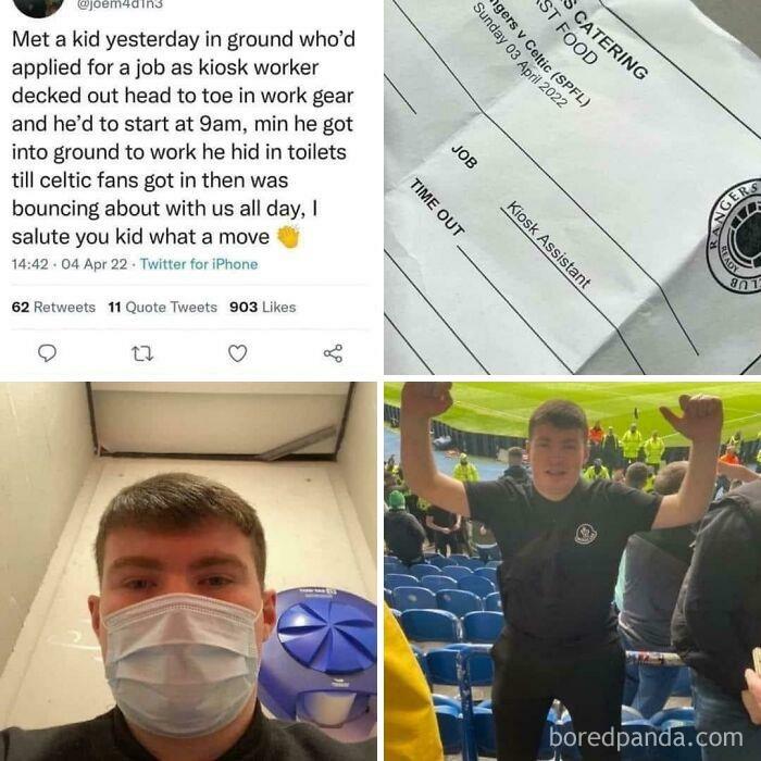 Guy Got A Job At A Food Kiosk And Ran Off To Watch The Football Match Where The Kiosk Was. Legend!