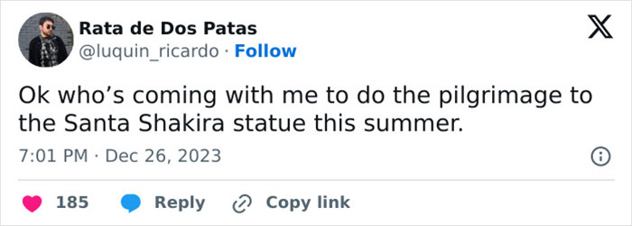 Tweet joking about a pilgrimage to the Shakira statue in Colombia. Tweet joking about a pilgrimage to the Shakira statue in Colombia.