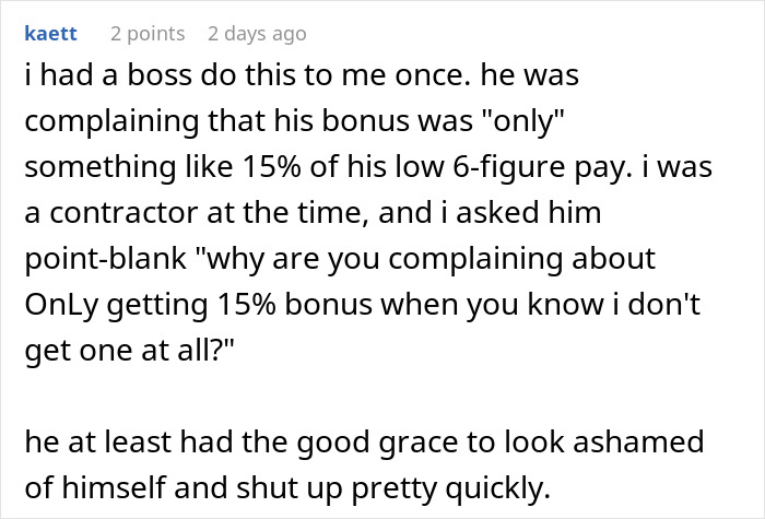 Tone-Deaf Boss Complains About His Holiday Bonus To An Employee Who Got 50 Times Less