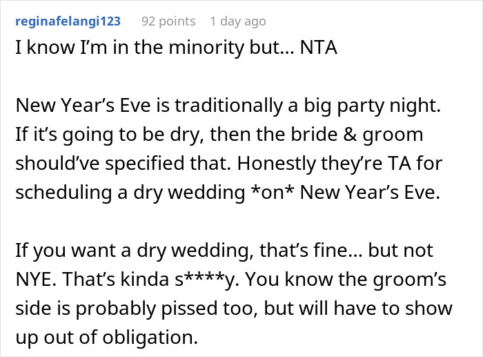 “Am I The Jerk For Last Minute Declining To Go To A Friend’s Dry Wedding On New Year’s Eve?” “Am I The Jerk For Last Minute Declining To Go To A Friend’s Dry Wedding On New Year’s Eve?”