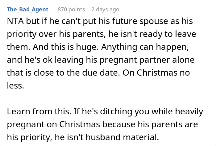 Heavily Pregnant Woman Wonders If She's A Jerk For Asking Her Fiancé To Spend Christmas With Her