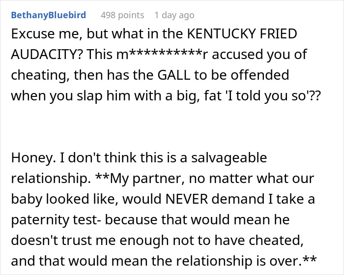 Screenshot of a Reddit comment thread discussing a man freaking out over baby’s hair color and paternity test results. Screenshot of a Reddit comment thread discussing a man freaking out over baby’s hair color and paternity test results.