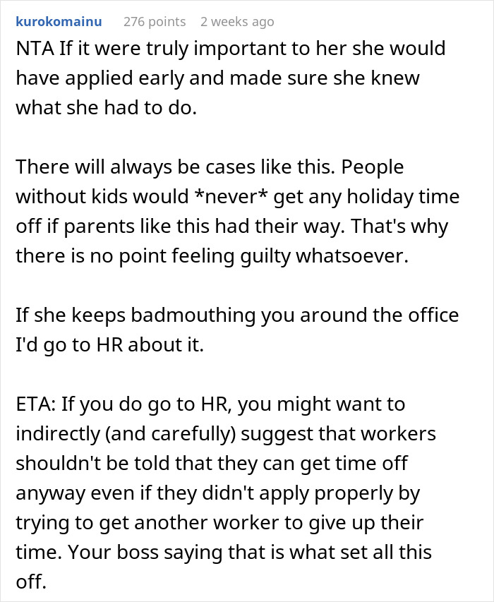“She Lost It”: Person Refuses To Give Up Their Days Off Just Because They Don’t Have Kids “She Lost It”: Person Refuses To Give Up Their Days Off Just Because They Don’t Have Kids