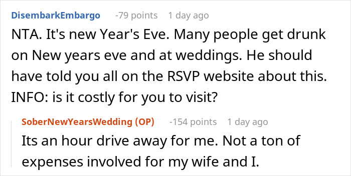 “Am I The Jerk For Last Minute Declining To Go To A Friend’s Dry Wedding On New Year’s Eve?” “Am I The Jerk For Last Minute Declining To Go To A Friend’s Dry Wedding On New Year’s Eve?”