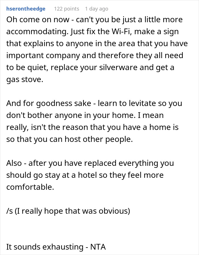 Comment discussing frustrations with hosting brother’s family and dealing with his wife’s complaints during visit. Comment discussing frustrations with hosting brother’s family and dealing with his wife’s complaints during visit.