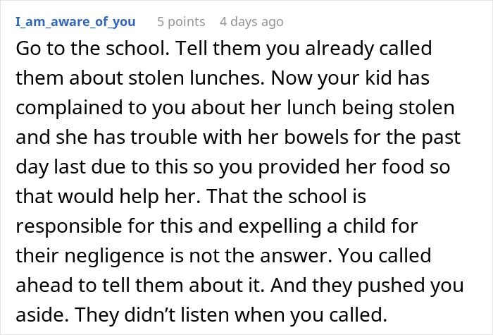 Parent Laces Daughter's Lunch With Laxatives, Knowing It Will Be Stolen, The Plan Works Parent Laces Daughter's Lunch With Laxatives, Knowing It Will Be Stolen, The Plan Works