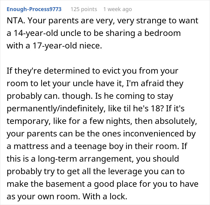 Daughter Refuses To Share Her Bedroom With Mom’s 14 Y.O. Brother, Parents Are Furious