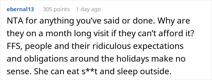 Comment by user ebernal13 criticizing brother’s wife complaints during month-long family visit and holiday expectations. Comment by user ebernal13 criticizing brother’s wife complaints during month-long family visit and holiday expectations.