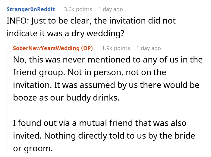 “Am I The Jerk For Last Minute Declining To Go To A Friend’s Dry Wedding On New Year’s Eve?” “Am I The Jerk For Last Minute Declining To Go To A Friend’s Dry Wedding On New Year’s Eve?”