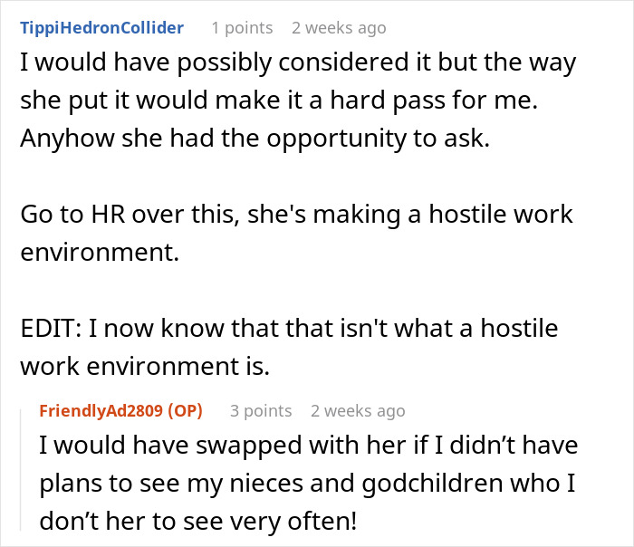 “She Lost It”: Person Refuses To Give Up Their Days Off Just Because They Don’t Have Kids “She Lost It”: Person Refuses To Give Up Their Days Off Just Because They Don’t Have Kids