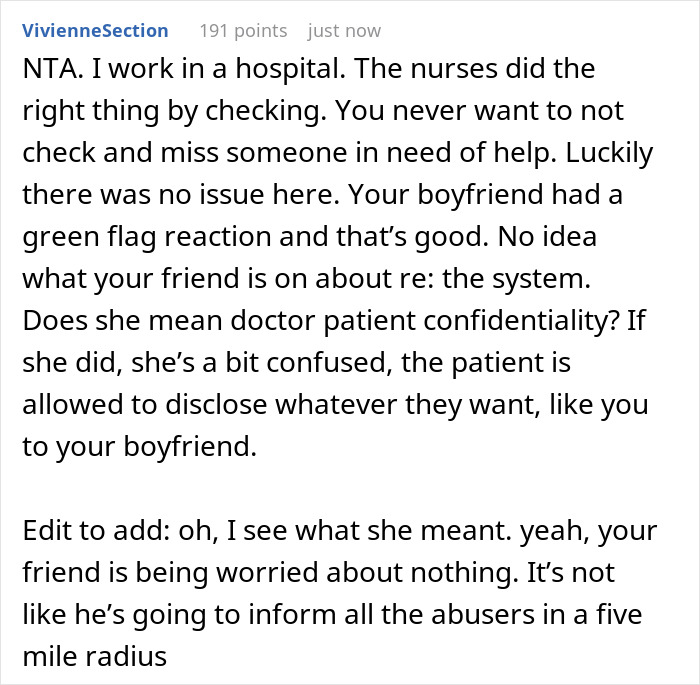 “AITA For Telling My Boyfriend What The Nurses Said To Me When They Took Me Into A Private Room?” “AITA For Telling My Boyfriend What The Nurses Said To Me When They Took Me Into A Private Room?”