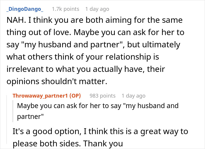 "[Am I The Jerk] For Wanting My Wife To Call Me 'Husband' Instead Of 'Partner'?"