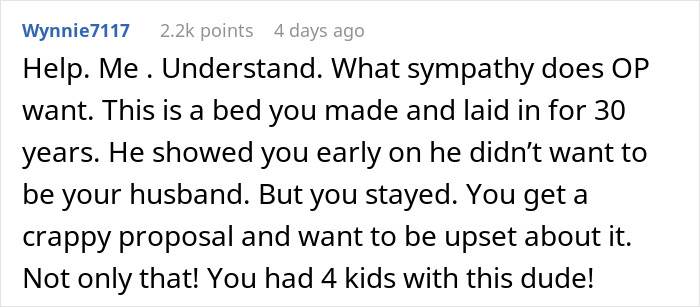 Comment text criticizing a guy who decided to finally propose after 30 years and 4 kids, met with frustration and an eye roll. Comment text criticizing a guy who decided to finally propose after 30 years and 4 kids, met with frustration and an eye roll.