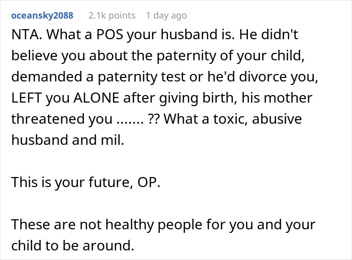 Screenshot of a user comment calling out husband’s toxicity after a paternity test over baby’s hair color dispute. Screenshot of a user comment calling out husband’s toxicity after a paternity test over baby’s hair color dispute.