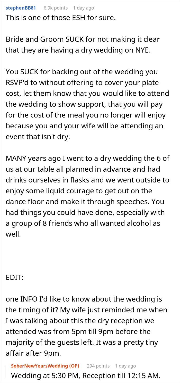 “Am I The Jerk For Last Minute Declining To Go To A Friend’s Dry Wedding On New Year’s Eve?” “Am I The Jerk For Last Minute Declining To Go To A Friend’s Dry Wedding On New Year’s Eve?”