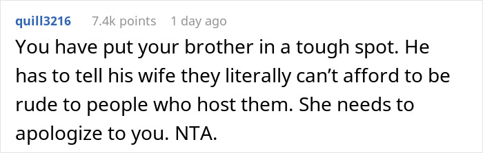 Comment discussing a woman welcoming brother’s family for a month, highlighting the wife’s constant complaining and needed apology. Comment discussing a woman welcoming brother’s family for a month, highlighting the wife’s constant complaining and needed apology.