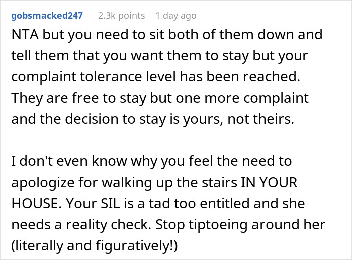 Screenshot of a Reddit comment discussing a woman welcoming her brother’s family and his wife’s constant complaining. Screenshot of a Reddit comment discussing a woman welcoming her brother’s family and his wife’s constant complaining.
