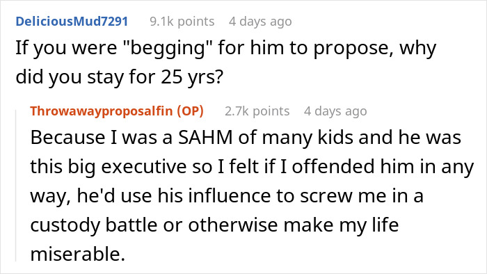 Screenshot of a Reddit conversation about a guy deciding to propose after 30 years and 4 kids, met with skepticism. Screenshot of a Reddit conversation about a guy deciding to propose after 30 years and 4 kids, met with skepticism.