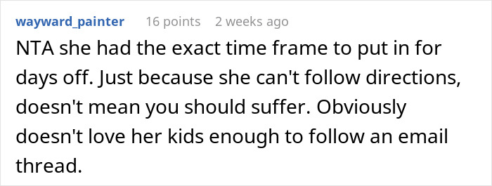 “She Lost It”: Person Refuses To Give Up Their Days Off Just Because They Don’t Have Kids “She Lost It”: Person Refuses To Give Up Their Days Off Just Because They Don’t Have Kids