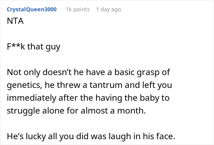 Screenshot of a Reddit comment criticizing a man who freaked out over baby’s hair color and wife’s reaction after paternity test results. Screenshot of a Reddit comment criticizing a man who freaked out over baby’s hair color and wife’s reaction after paternity test results.