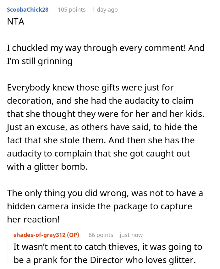 Woman’s House Is Flooded With Glitter After She Stole A Display Gift With A Hidden Glitter Bomb