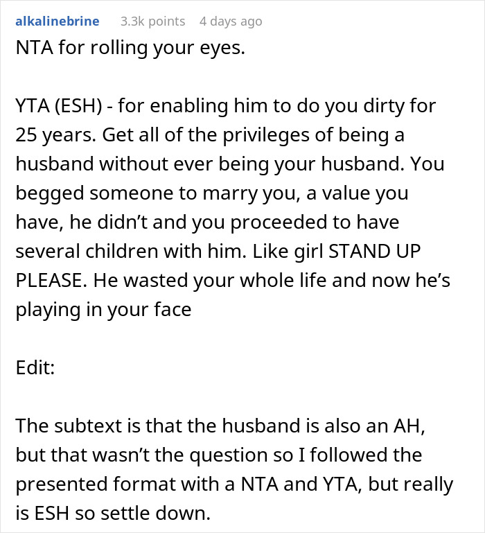 Reddit comment discussing a man proposing after 30 years and 4 kids, met with an eye roll reaction. Reddit comment discussing a man proposing after 30 years and 4 kids, met with an eye roll reaction.