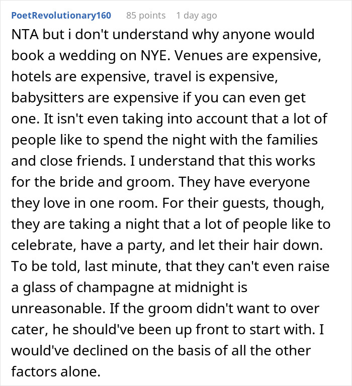 “Am I The Jerk For Last Minute Declining To Go To A Friend’s Dry Wedding On New Year’s Eve?” “Am I The Jerk For Last Minute Declining To Go To A Friend’s Dry Wedding On New Year’s Eve?”