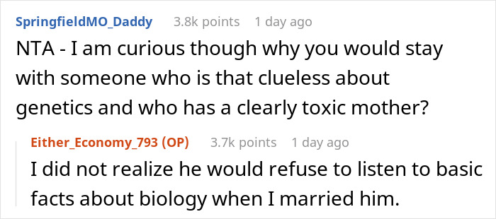 Reddit conversation with users debating genetics and paternity in a man freaking out over baby’s hair color story. Reddit conversation with users debating genetics and paternity in a man freaking out over baby’s hair color story.
