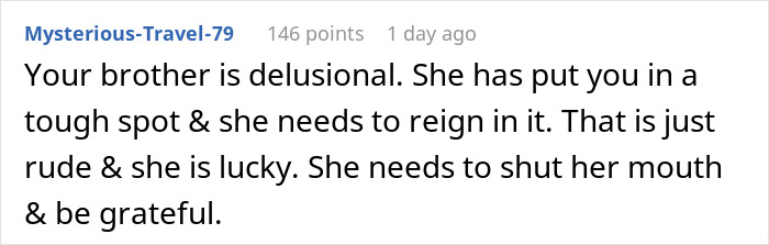 Comment on a forum discussing a woman welcoming brother’s family for a month, addressing complaints from his wife. Comment on a forum discussing a woman welcoming brother’s family for a month, addressing complaints from his wife.