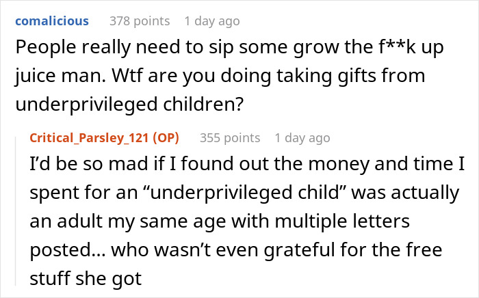 “Sip Some Grow-Up Juice”: Woman Complains About Only Getting 2 Gifts Via Charity, Gets Backlash