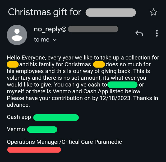 Man Gets An Email From Company President Asking To Fund Owner’s Christmas Gift, Goes On A Rant Man Gets An Email From Company President Asking To Fund Owner’s Christmas Gift, Goes On A Rant